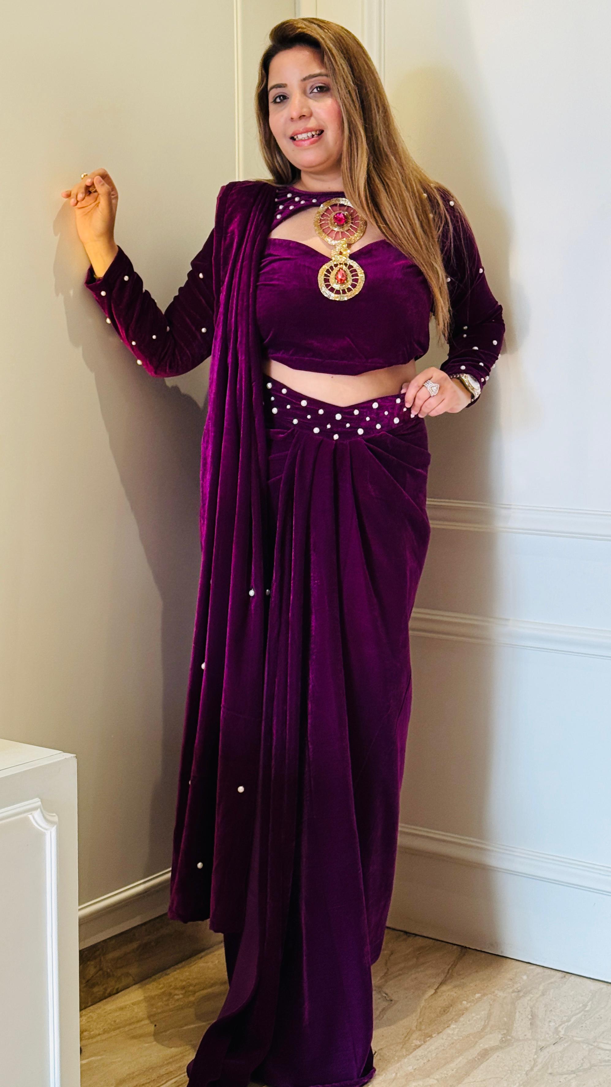 Wine Velvet Drape Saree With Pearl Work
